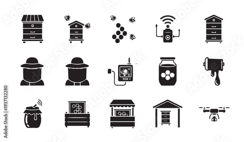 Beekeeping icons for modern apiculture and honey production