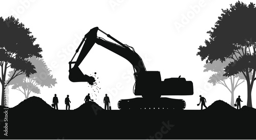 A silhouetted excavator at a construction site with workers and piles of earth high quality professional