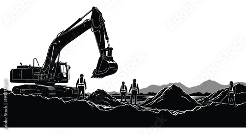 A black and white illustration depicts an excavator and construction workers at a dig site