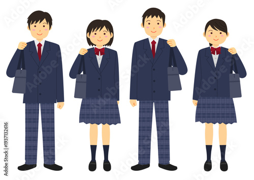 制服を着て鞄を持つ学生のイラストのセット_紺