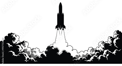 A black silhouette of a rocket launching with fiery exhaust against a cloudy background high quality