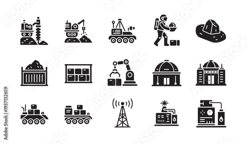 Collection of modern industrial and construction icons in black