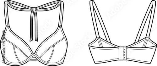 Women halter neck bra technical fashion sketch front and back view, strappy lingerie underwear design template apparel line drawing illustration
