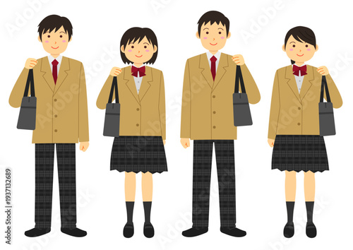 制服を着て鞄を持つ学生のイラストのセット_ベージュ