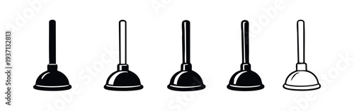 Toilet Plunger Icons Set. Plumbing Tool for Clogged Toilets and Drains. Home Maintenance Equipment Vector.