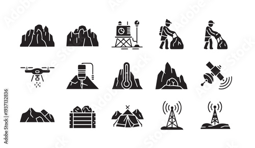 Mining operations and technology icons for industrial and environmental projects
