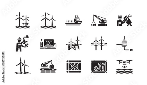 Offshore wind farm construction with industrial equipment and workers