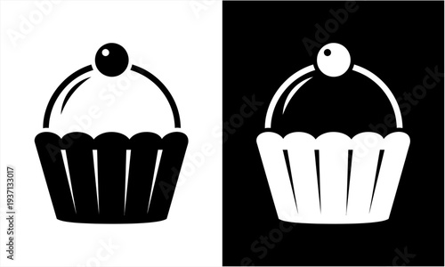 Simple black and white cupcake icon with a cherry on top.