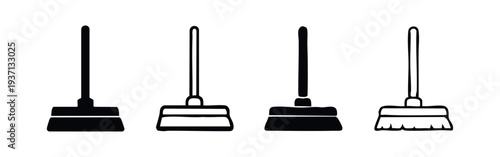Broom icons set. Cleaning broom, sweeping tool, household chores, dust removal. Vector illustration.