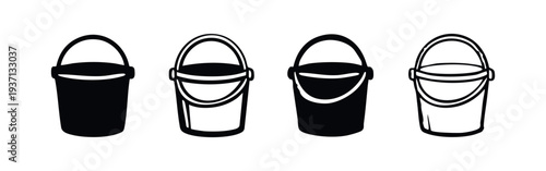 Bucket icons set. Water bucket, cleaning pail, household tool, container. Vector illustration.