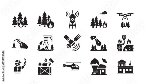 Wildfire management and response icons for emergency services and technology