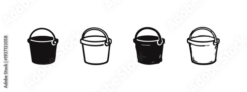 Water bucket and cleaning pail icons set. Household cleaning tool, container. Vector illustration.