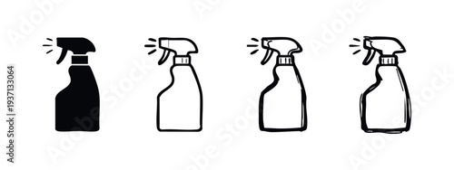 Cleaning Spray Bottle Icons Set with Solid and Hand-Drawn Styles, Household Disinfectant Sprayer Vector