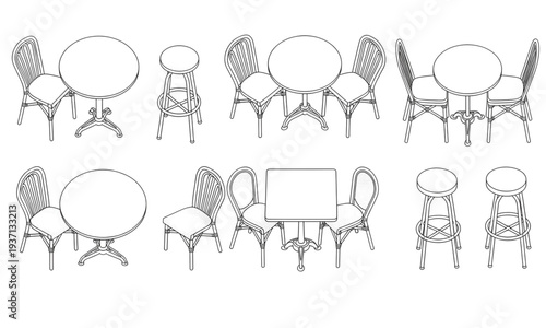 Comprehensive Cafe and Restaurant Furniture CAD Blocks 2D Dining Table Sets, Bistro Seating, and Bar Stools Line Art for Architectural Planning