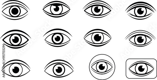 Human Eye Line Icon Set with Vision, View, and Observation Symbols for Security Monitoring, Ophthalmology, Awareness, and User Interface Design