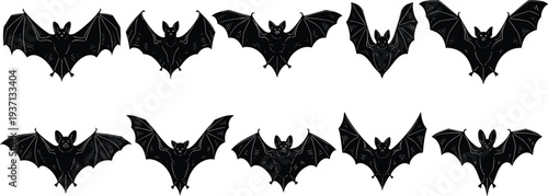 Set of Black Bat Silhouettes Featuring Various Flying Poses and Wing Spans for Halloween Decorations Spooky Graphic Design and Horror