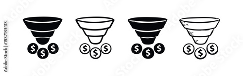Sales Funnel and Money Conversion Icons Set, Revenue Generation and Business Funnel Symbols for Marketing Strategy