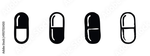 Black and White Pill and Capsule Icons for Medicine and Pharmacy