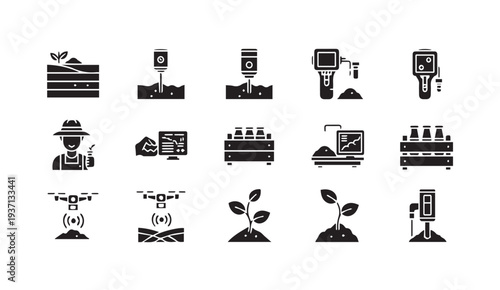 Smart farming technology icons for modern agriculture and sustainability