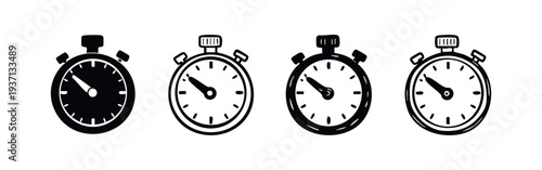 Stopwatch timer icons in solid, outline, and hand-drawn styles, for time measurement and speed concepts