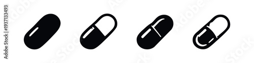Black and White Stylized Pill and Capsule Icons for Pharmacy and Treatment