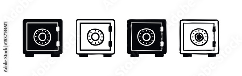 Safe box icon set. Security and money protection symbols with combination lock in varied styles.