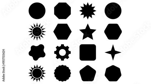 Collection of black geometric shapes and icons on white background.