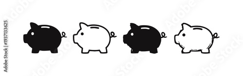 Empty piggy bank icon set. Financial savings and economy concept symbols in black and white.