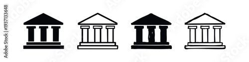 Bank building icon set. Financial institution and classical architecture symbols in black and white.