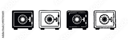 Secure safe box icon set. Money storage and valuables protection symbols with combination dial.