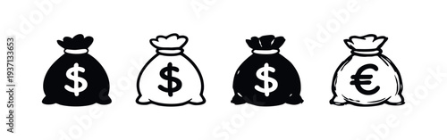 Money bag with dollar and euro currency icon set. Global finance and wealth symbols.