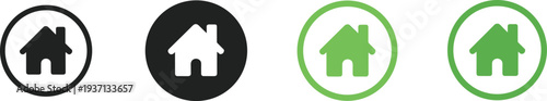 Four home icons in black and green with circles on white background house symbol