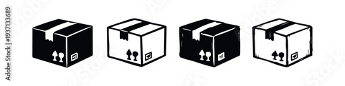 Hand Drawn Delivery Box Icon Set. Doodle Style Shipping and Logistics Symbols with Fragile Marks.
