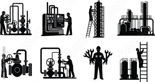 Collection of industrial worker silhouettes operating machinery and valves in a factory or refinery setting isolated on white background.