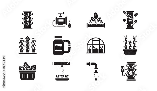 Modern icons for plant care and irrigation systems in black