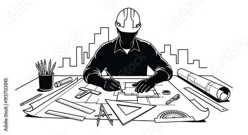 An architect or engineer works at a desk with drafting tools and city skyline backdrop