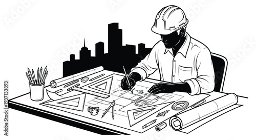 An architect or engineer meticulously reviews blueprints at a desk with drafting tools high quality professional