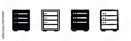 Hand Drawn Server Rack Icons Set, Doodle Style Data Center Equipment Vector Collection