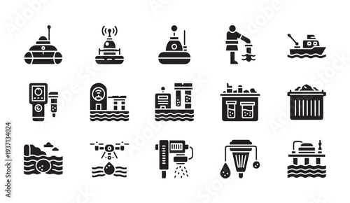 Collection of modern industrial and technology icons in black