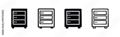 Hand Drawn Data Server and Network Cabinet Icons, Doodle Style Rack Mounted Hardware Vector
