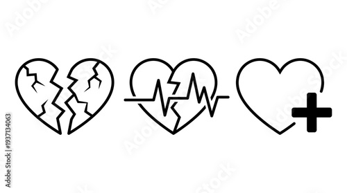 Broken Heart, Heartbeat, Healthy Heart Symbols.