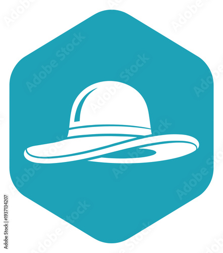 Elegant wide brim hat logo icon inside hexagon badge minimal flat vector illustration for fashion branding summer accessory design