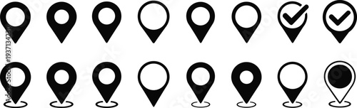 Grid of black map location pin icons with variations including checkmarks map pin navigation