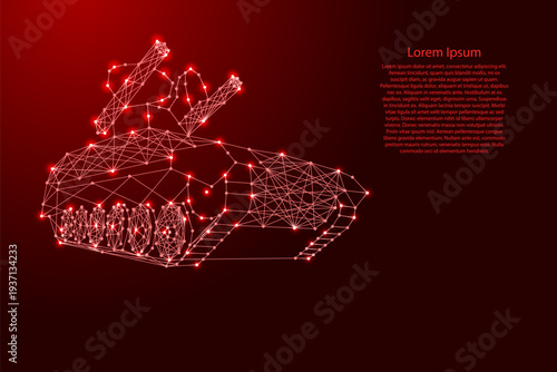 anti-aircraft missile launcher mounted on tracked combat vehicle from futuristic polygonal red lines and glowing stars for banner, poster, greeting card