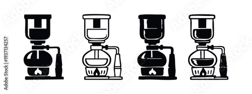 Siphon Coffee Maker with Stand Vector Icon Set. Vacuum Brewer Silhouette Collection for Aromatic Coffee Brewing