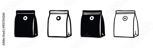 Coffee Bag Packaging Vector Icon Set. Fresh Roasted Coffee Bean Pouch Silhouettes with One-Way Valve for Retail