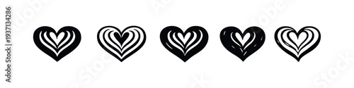 Hand-drawn vector set of stylized heart icons with internal lines in black and white styles.