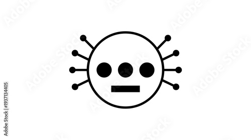 Simple black and white illustration of a virus with a face.