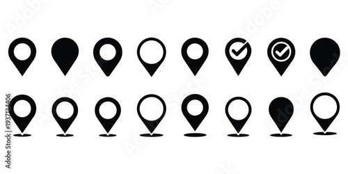 Grid of black map location pin icons with variations including checkmarks map pin navigation