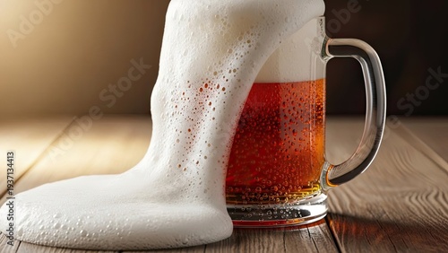 Frosted beer mug pouring golden ale with bubbly foam on wooden table